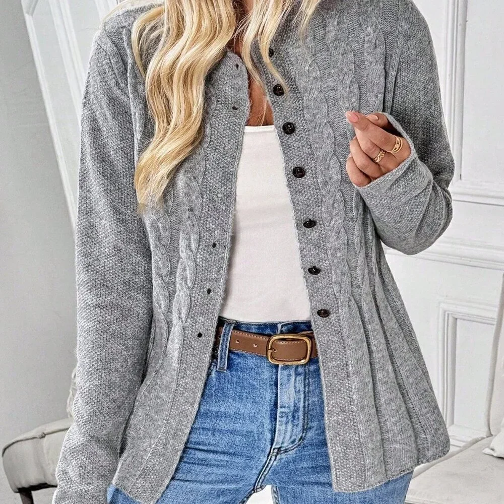 Grey Casual Women's Long Sleeve button down sweater Cardigan
